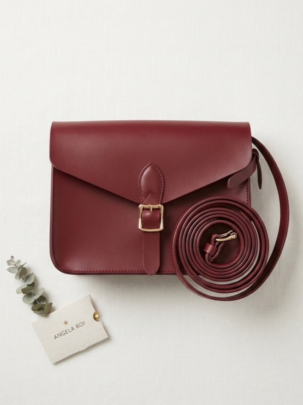 Angela Roi Deep Burgundy Leather Shoulder Bag with Gold Buckle